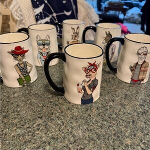 Set of Illustrated Animal Character Ceramic Mugs - Black Handle & Rim.